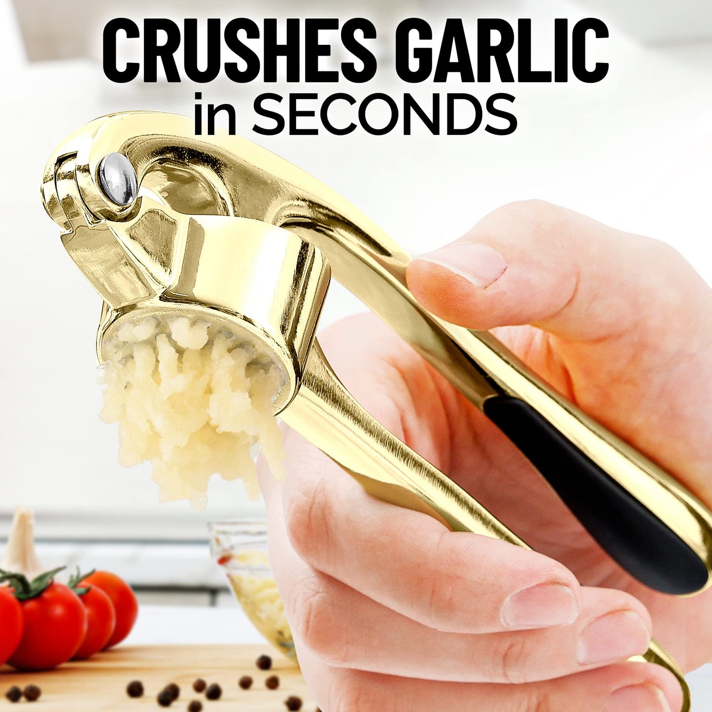 Zulay Kitchen Premium Garlic Press with Soft, Easy to Squeeze Handle - Includes Silicone Garlic Peeler & Cleaning Brush - 3 Piece Garlic Mincer Tool - Sturdy Easy to Clean Garlic Crusher (Gold)