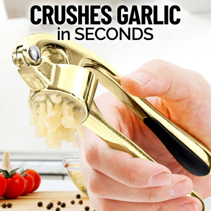 Zulay Kitchen Premium Garlic Press with Soft, Easy to Squeeze Handle - Includes Silicone Garlic Peeler & Cleaning Brush - 3 Piece Garlic Mincer Tool - Sturdy Easy to Clean Garlic Crusher (Gold)