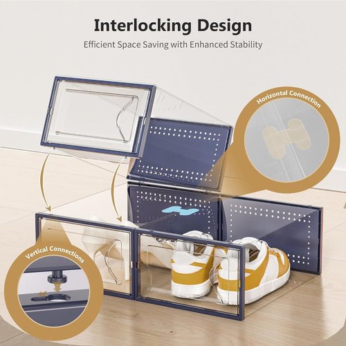 Kuject Shoe Storage Box - Large Crystal Clear Stackable Organizer | Space-Saving 12-Pack in Blue