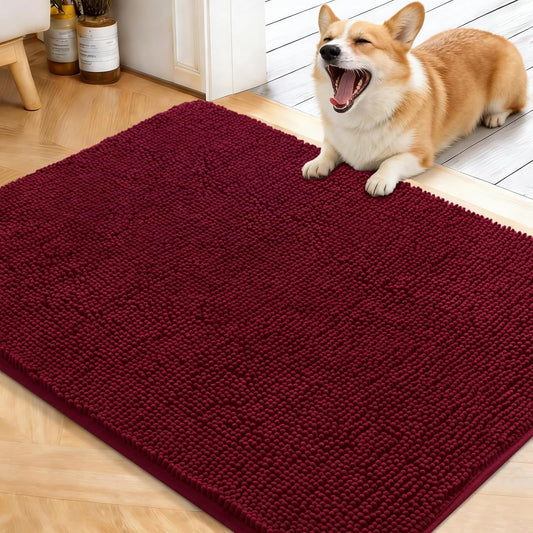 OLANLY Dog Door Mat - Absorbent Non-Slip Chenille Mat for Muddy Paws | 40x32, Burgundy, Quick Dry