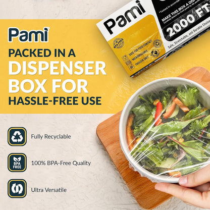 PAMI Plastic Food Wrap - 18 Inch Wide X 2000ft | Clear BPA-Free Cling Wrap with Dispenser Box