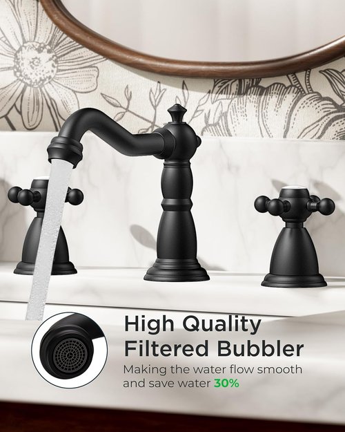 FORIOUS Matte Black Bathroom Faucet - Vintage 3 Hole Design with Cross Handles & Metal Drain | 8 Inch Widespread