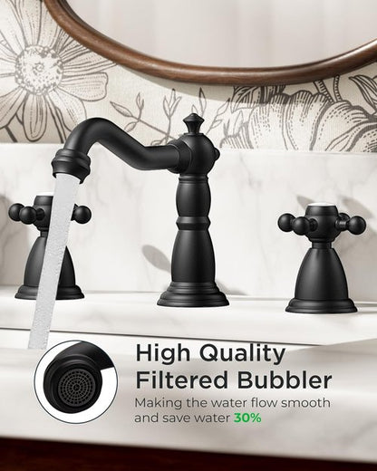 FORIOUS Matte Black Bathroom Faucet - Vintage 3 Hole Design with Cross Handles & Metal Drain | 8 Inch Widespread