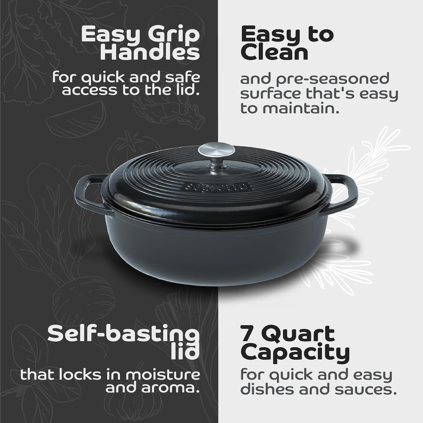 Segretto Cookware Enameled Oval Cast Iron Dutch Oven with Handle, 7 Quarts, Nero (Black), 7qt Dutch Oven Cast Iron Pot with Lid | Enamel Dutch Oven for Bread Baking, Ceramic Pots for Cooking, Soup