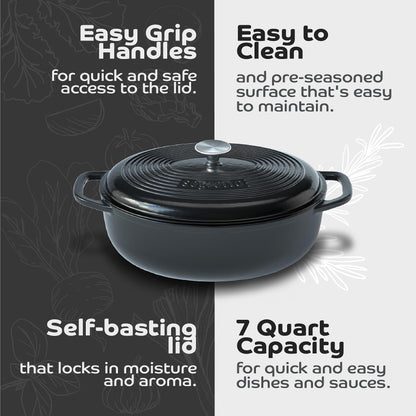 Segretto Cookware Enameled Oval Cast Iron Dutch Oven with Handle, 7 Quarts, Nero (Black), 7qt Dutch Oven Cast Iron Pot with Lid | Enamel Dutch Oven for Bread Baking, Ceramic Pots for Cooking, Soup