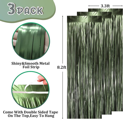 Voircoloria Matte Green Foil Fringe Backdrop Curtains - 3 Pack Tinsel Streamers for Parties | 3.3 x 8.2 ft