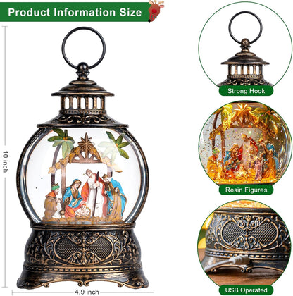 Regine Switzerland Christmas Snow Globe Lantern - Musical Holy Family Nativity Scene | 6H Timer, USB & Battery Operated