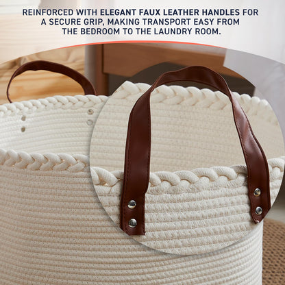 Organizix XLarge Round Cotton Rope Storage Basket Bin Organizer Laundry Hamper with Leather Handles, 21 x 21 x 14, Extra Large Blanket Woven Basket for Nursery - Cream