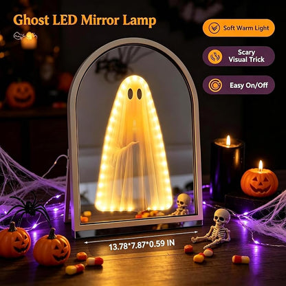 Light Up Ghost Arched Mirror - USB Powered Halloween Mantel Decor