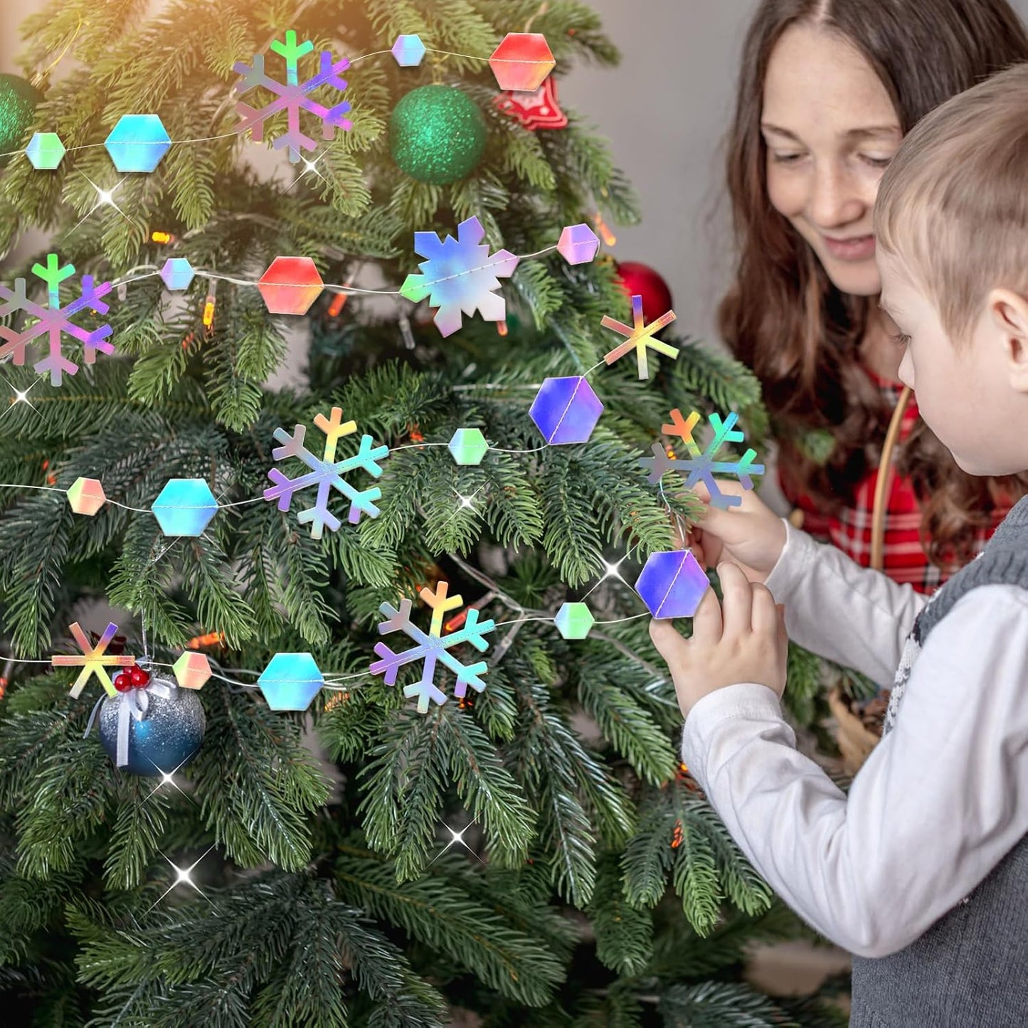 Skiennix 52 Ft Snowflake Garland Decorations - Holographic Twinkle Hanging Streamer for Events