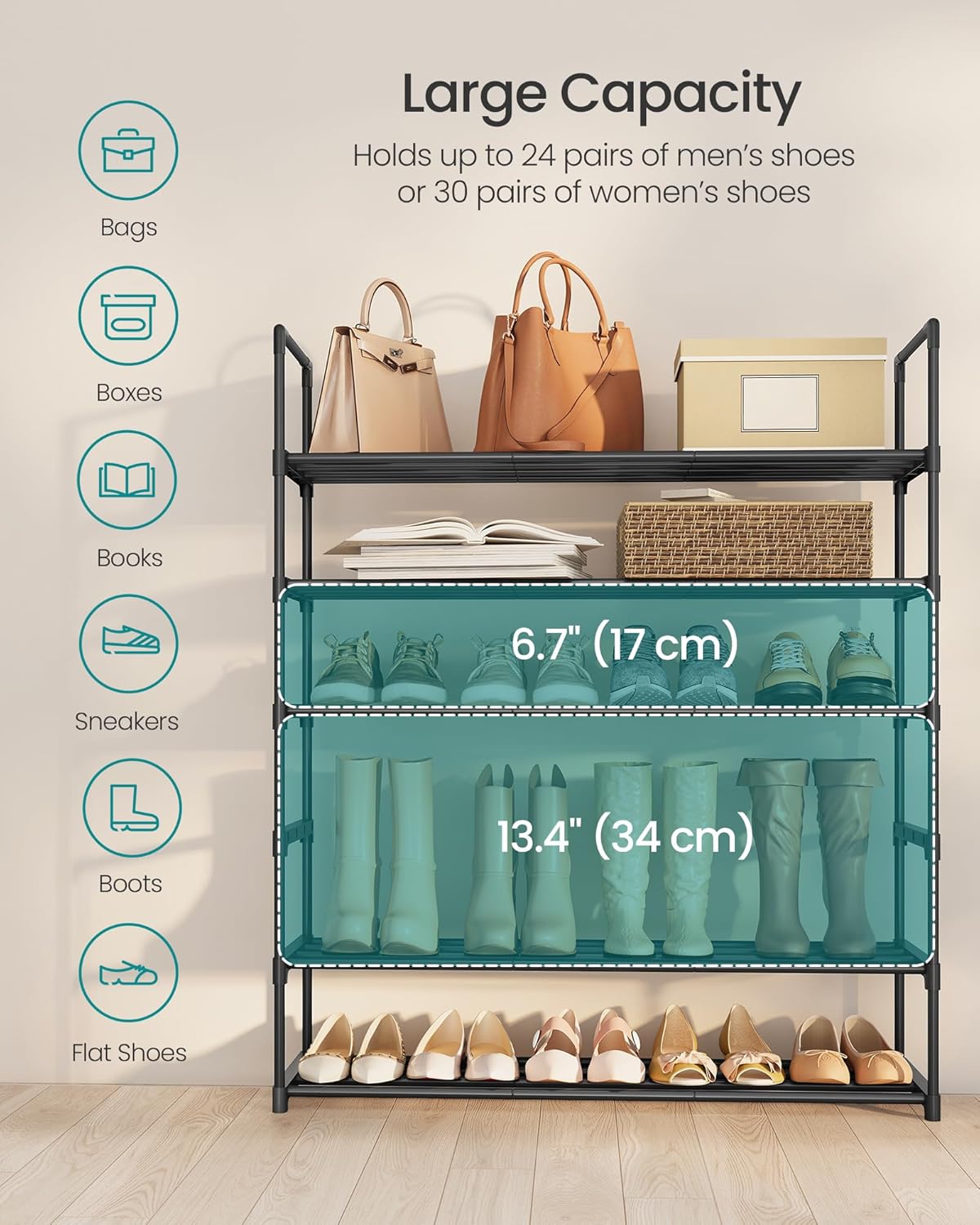 SONGMICS 6-Tier Shoe Rack - Stackable Metal Organizer for 24-30 Pairs | Black, 11.8 x 36.2 x 42.7 Inches