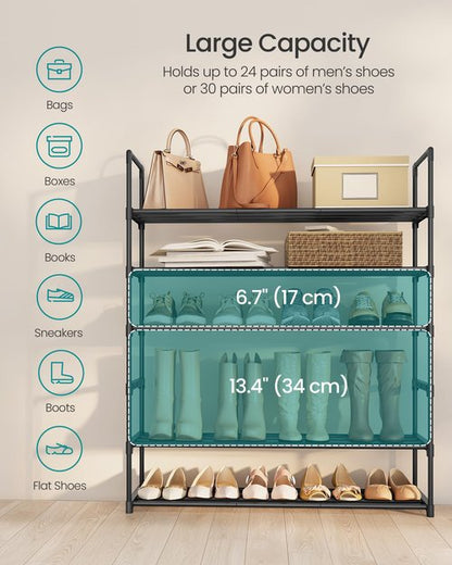 SONGMICS Shoe Rack, 6-Tier Shoe Organizer, Metal Storage Shelf, Upright or Upside Down, for 24-30 Pairs, Stackable, for Entryway, 11.8 x 36.2 x 42.7 Inches, Black ULSA306BH01