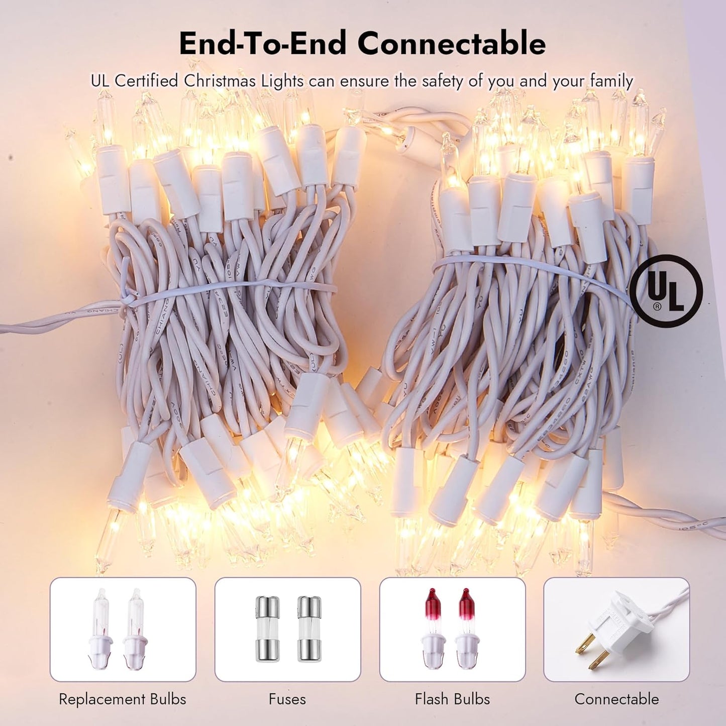 Dirnun Christmas Lights - 100 Count Clear White Incandescent Connectable Lights | UL Certified for Indoor & Outdoor Use