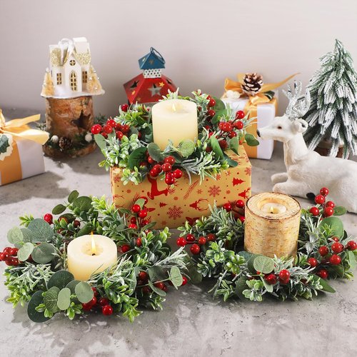Daifunli Mini Wreaths - 8 Pcs 10-Inch Christmas Candle Rings with Red Berries & Eucalyptus Decor