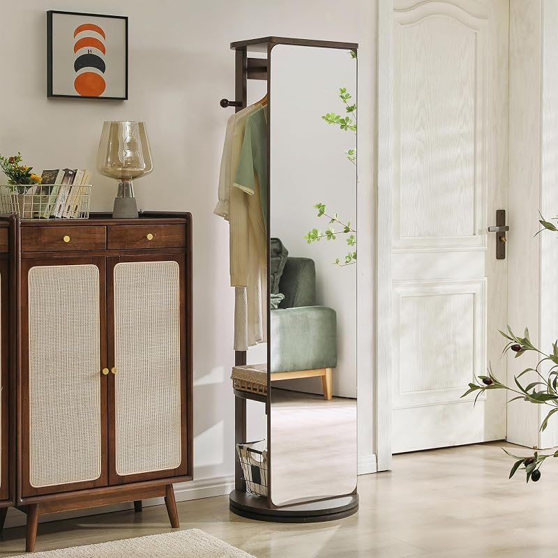 Walnut 68" L x 19" W Full Length Mirror with Coat Rack & Shelf - 360° Rotating Solid Wood