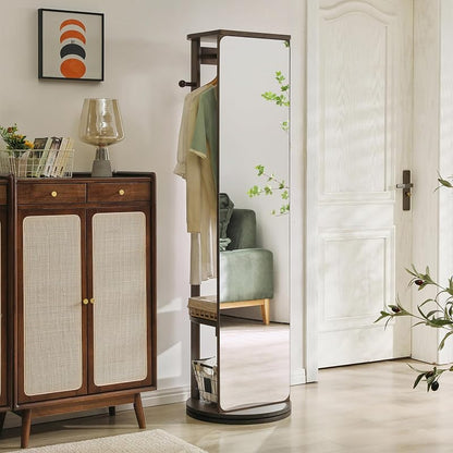 Walnut 68" L x 19" W Full Length Mirror with Coat Rack & Shelf - 360° Rotating Solid Wood