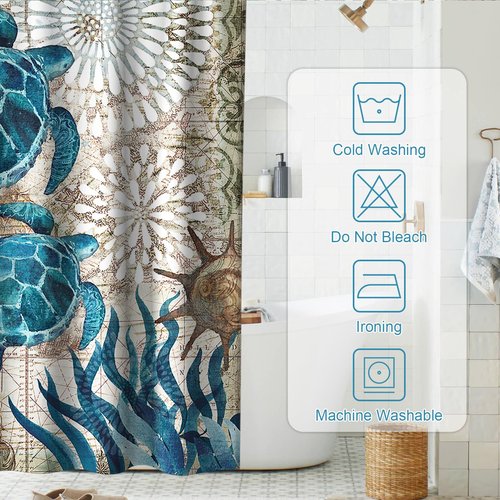 Final Friday Nautical Green Sea Turtles Beach Theme Fabric Shower Curtain Sets Bathroom Blue Ocean Decor with Grommets and Hooks - 72 x 72 Inch Teal