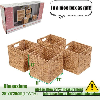 Handwoven Water Hyacinth Storage Baskets - 4 Pcs Foldable Cube Shelf Organizers | 11x11in