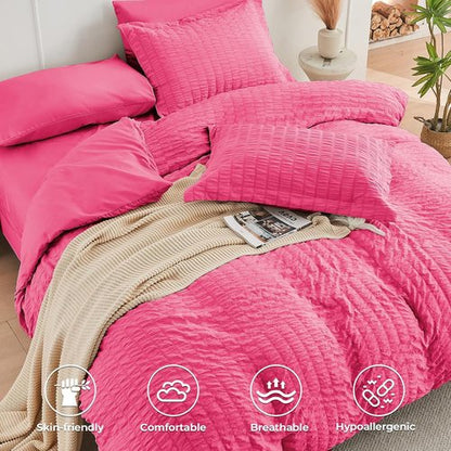 HYMOKEGE Comforter Set - Hot Pink Seersucker Luxury Bedding - 7 Pieces for All Season Comfort