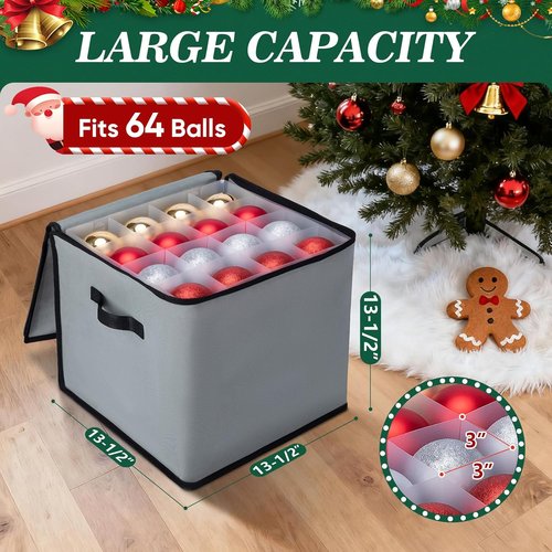 BALEINE Christmas Ornament Storage Box - Premium Holiday Container with Dividers for 64 Balls - Green