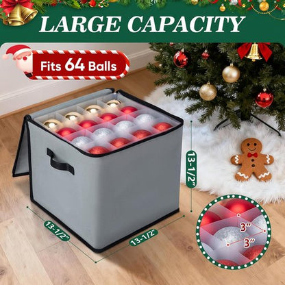 BALEINE Christmas Ornament Storage Box - Premium Holiday Container with Dividers for 64 Balls - Green