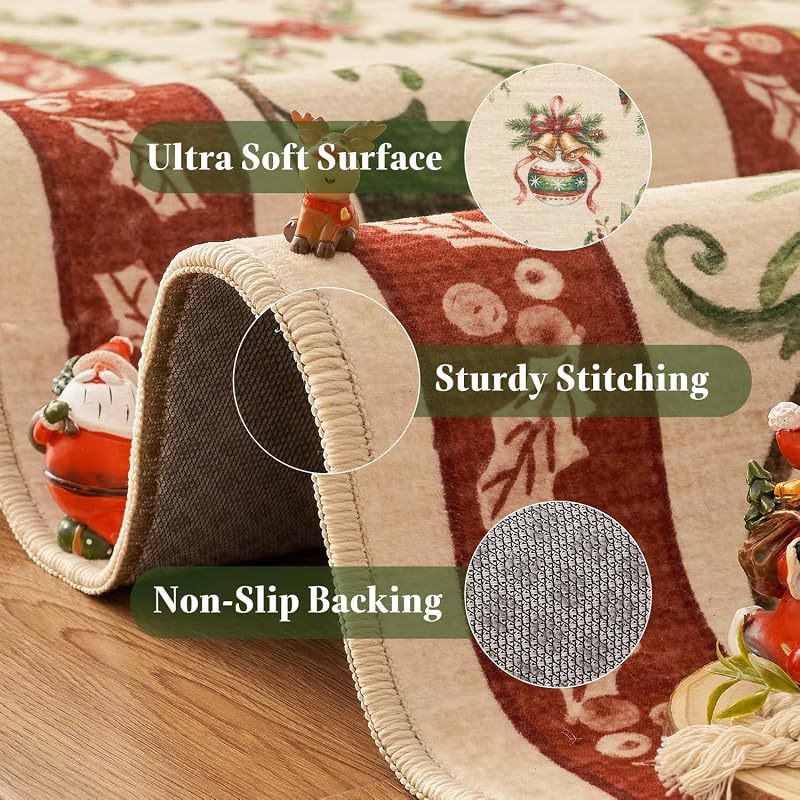 6ft Round Christmas Rug with Santa - Washable, Non-Slip Red Holiday Accent (Xmas Red+Round+6')