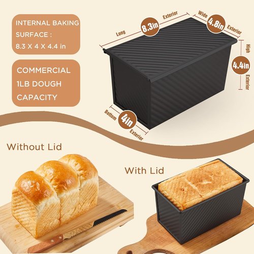 KITESSENSU Carbon Steel Pullman Loaf Pan - Non-Stick Design with Lid | 1 lb Dough Capacity, Black