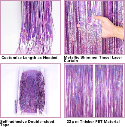 Skiennix Pink Metallic Tinsel Foil Fringe Curtains - 2 Pack 3.2ft x 8.2ft Backdrop for Parties & Events