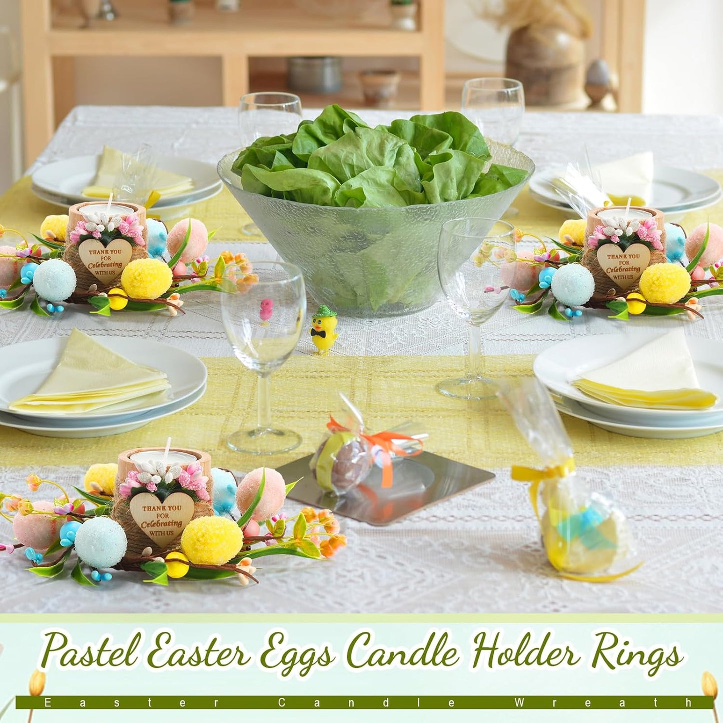 XunYee Easter Egg Candle Rings - 4 Pcs Mini Pastel Berry Floral Wreaths for Dining Table Decor