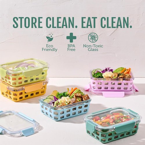 Ello Duraglass Meal Prep Set - 10-Piece Glass Food Storage Containers with Silicone Sleeves | BPA-Free, Dishwasher & Microwave Safe, Meadow