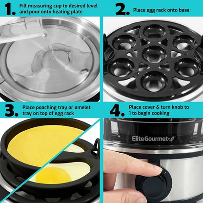 Elite Gourmet EGC648 Electric Egg Poacher - Boil Up to 7 Eggs Soft, Medium, Hard | Auto Shut-Off, BPA-Free