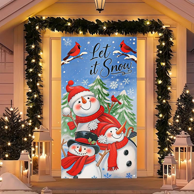 Door Cover Winter Wonderland Snowmen Pair - 35x71 Inch Polyester, Three Snowmen Variation