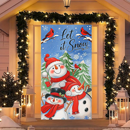 Door Cover Winter Wonderland Snowmen Pair - 35x71 Inch Polyester, Three Snowmen Variation