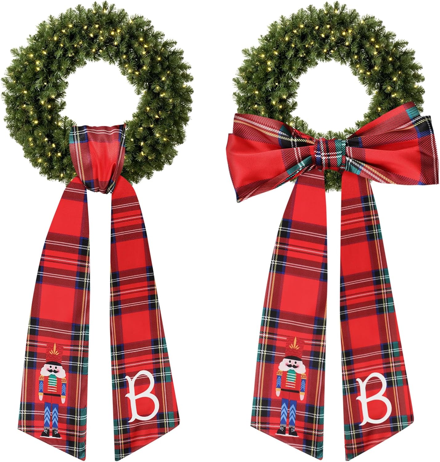 Regine Switzerland Christmas Wreath Sash - Red Plaid Nutcracker Monogram Satin Decor | 2 Pcs