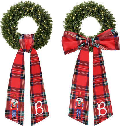 Regine Switzerland Christmas Wreath Sash - Red Plaid Nutcracker Monogram Satin Decor | 2 Pcs
