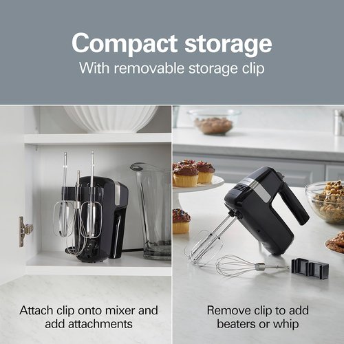 Hamilton Beach Electric Hand Mixer - 6 Speeds with Stir Button | 300W Power, Whisk & Storage Clip, Black