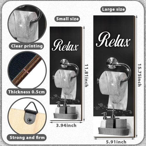 Honoson Bathroom Decor Wall Art - 4 Pcs Farmhouse Signs for Soaking, Unwinding, and Relaxing | Black & Silver