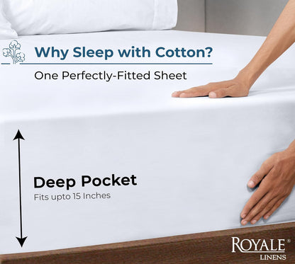 Royale Linens Organic Cotton Fitted Sheet - Super Soft Percale Weave - Queen Size (60"x80"+15") - White