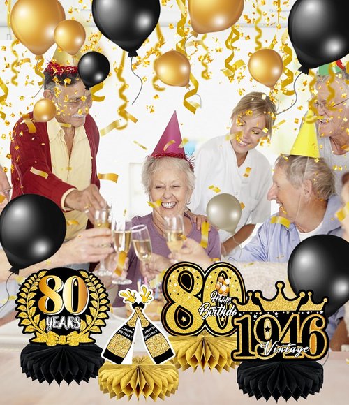 Happy 80th Birthday Decorations | 9 Pcs Honeycomb Centerpieces in Black and Gold - Celebrate 80 Years!