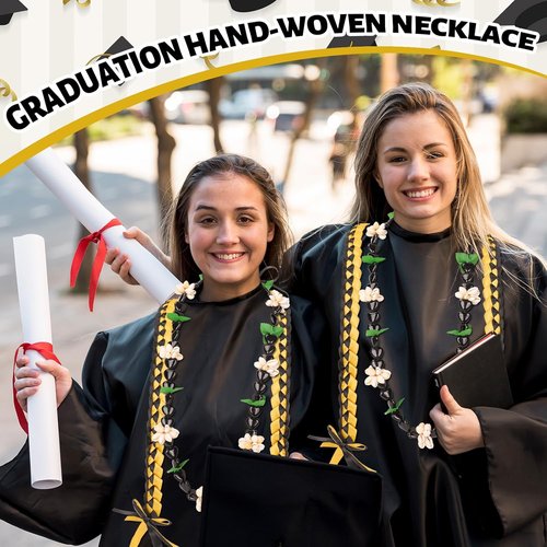 FYSUIMU Graduation Ribbon Lei - Handmade Black & Gold Kukui Nut Necklace for College Grads | 2 Pcs Set