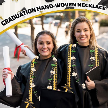 FYSUIMU Graduation Ribbon Lei - Handmade Black & Gold Kukui Nut Necklace for College Grads | 2 Pcs Set
