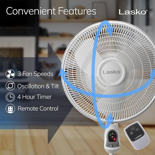 Lasko 16-Inch Oscillating Pedestal Stand Fan - Adjustable Height, Timer & Remote Control | Ideal for Home & Office