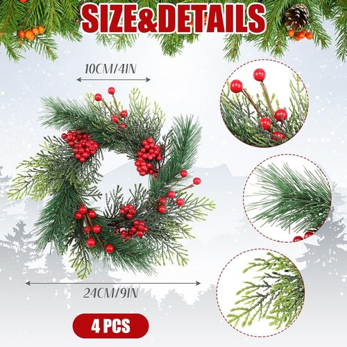 Knitgrip Mini Christmas Candle Rings - 4 Pcs Red Berry Pinecone Wreaths for Home Decor & Weddings