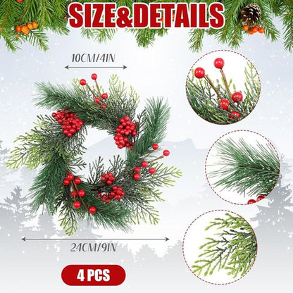 Knitgrip Mini Christmas Candle Rings - 4 Pcs Red Berry Pinecone Wreaths for Home Decor & Weddings