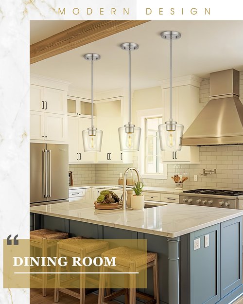 Audickic Pendant Lights Kitchen Island 2 Pack, 6" Brushed Nickel Hanging Lights Fixtures with Clear Glass Shade, Modern Brass Kitchen Pendant Lighting Over Island for Dining Room, AD-22004-1P2-SN-C