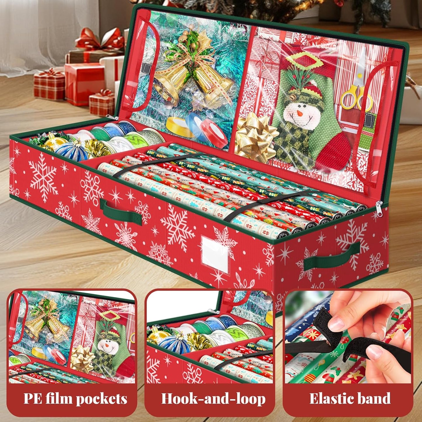 StorageRight Wrapping Paper Organizer - Holiday Gift Wrap Storage Box for Snowflake/Red Ornaments