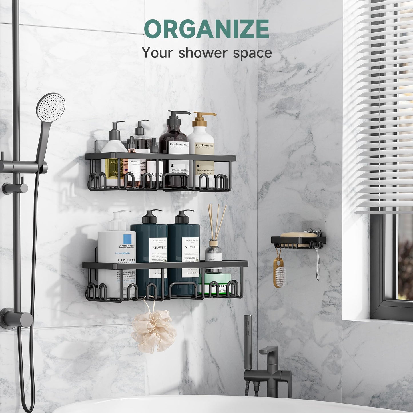 Veken Shower Caddy 3-Pack, Advanced Rustproof Design, No Drilling Adhesive Shelves, Rack with Soap Holder, Large Capacity Bathroom Organizers and Storage, Wall-Mounted Kitchen & Home Decor, Black