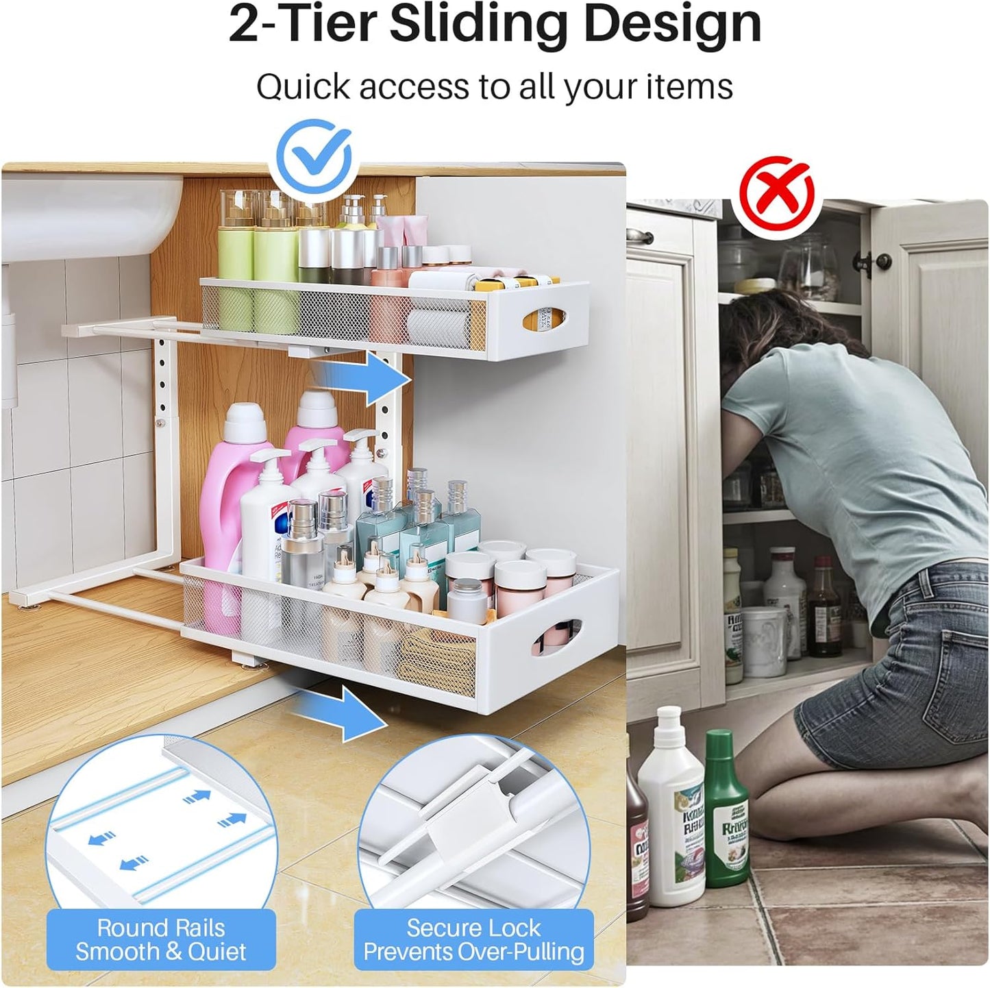 Under Sink Organizer | 2-Pack 2-Tier Pull-Out Shelf with Mesh Drawers for Kitchen & Bathroom