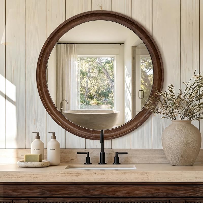Round Wood Mirror 28" Circle Mirror with Walnut Frame - Contemporary Wall Decor