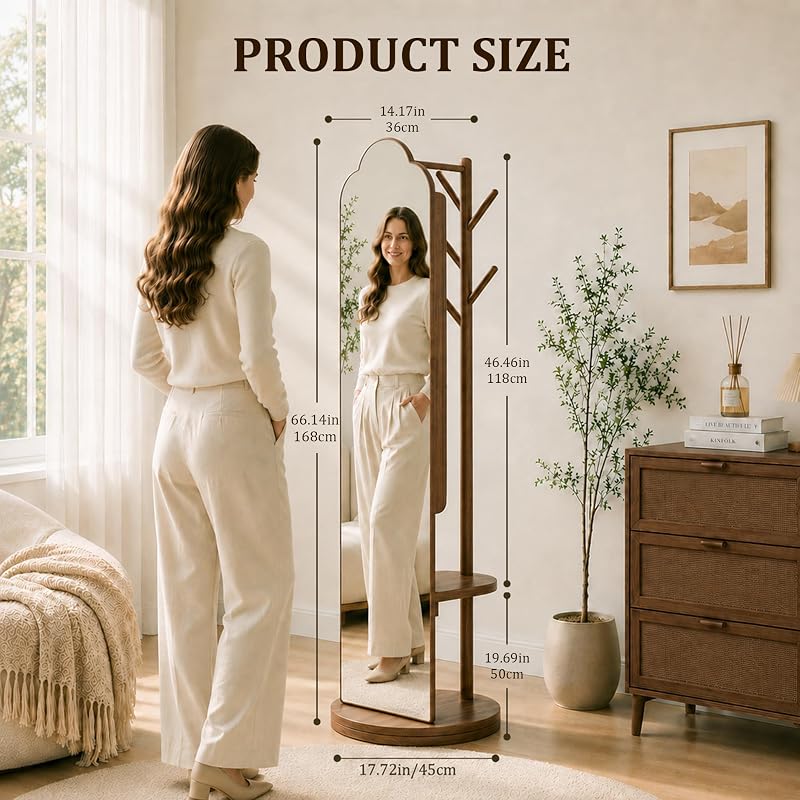 Full Length Mirror with Coat Rack & Storage – 66" L x 18" W Walnut Brown, 360° Rotating Solid Wood